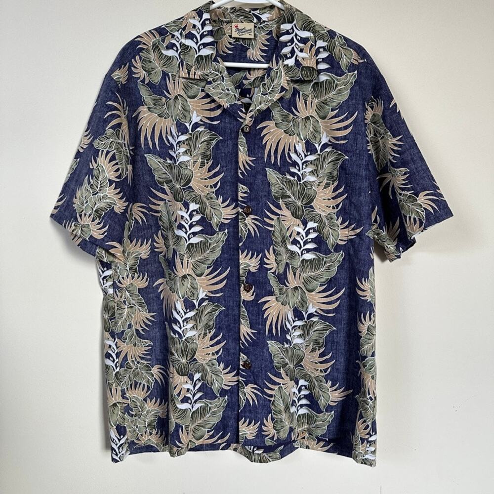 Royal Creations Tropical Floral Hawaiian Shirt Button Front Short Sleeve Blue XL